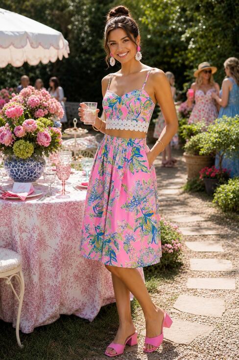 Lilly Pulitzer Dresses & Skirts - Lilly Pulitzer Pink Tropical Print Two-Piece Crop Top & Midi Skirt Set NWT